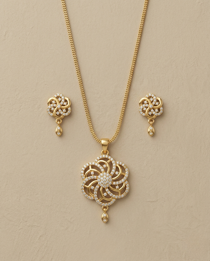 Micro Gold Platted Svarna Bloom Royale Pendant & Earrings Set