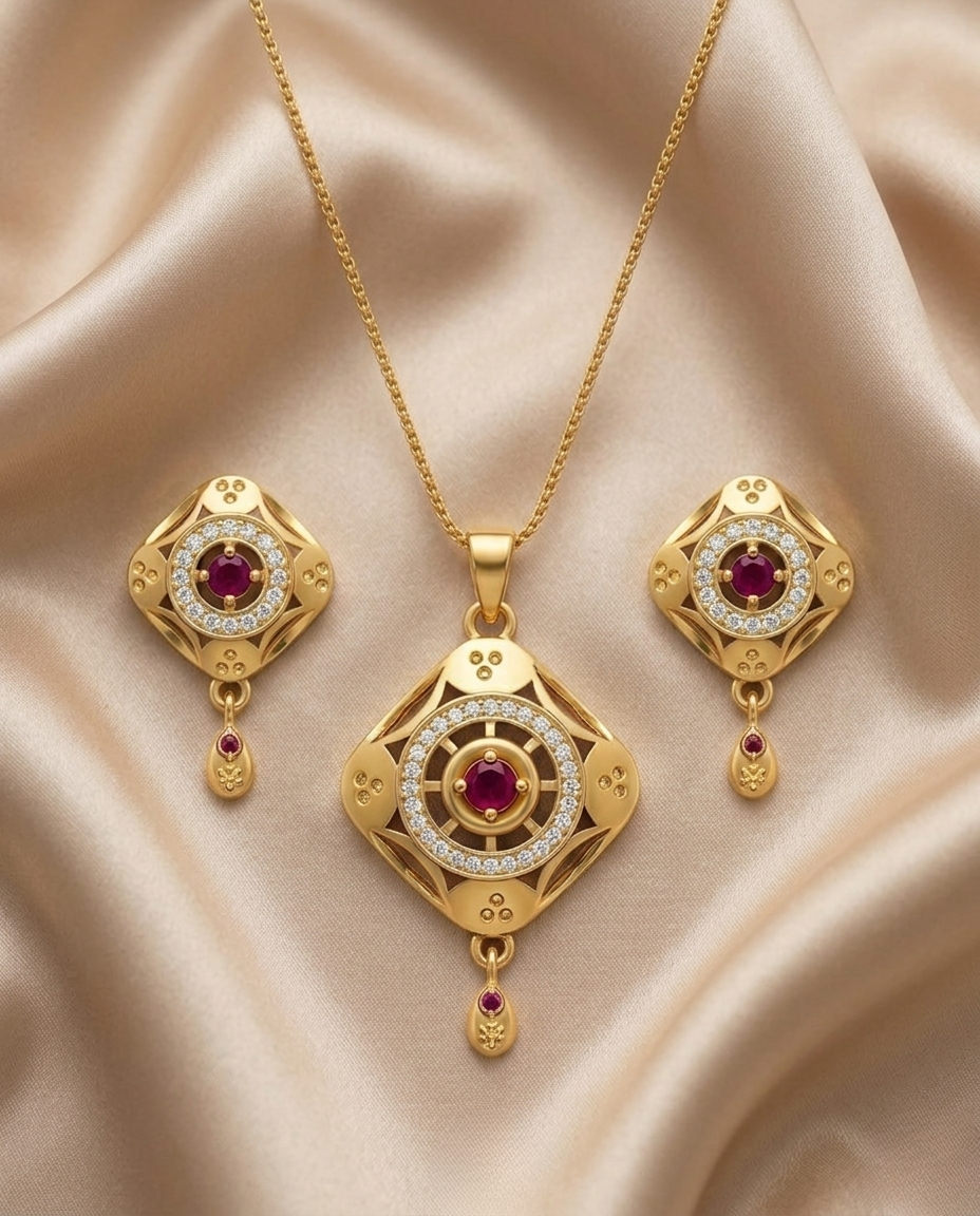 Micro Gold Platted Svarna Ratna Luxe Pendant & Earrings Set