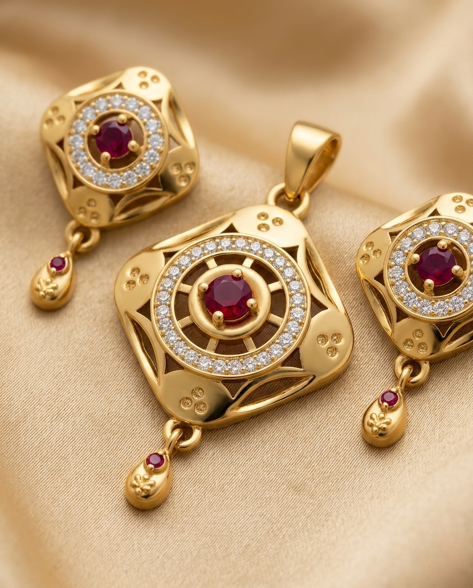 Micro Gold Platted Svarna Ratna Luxe Pendant & Earrings Set