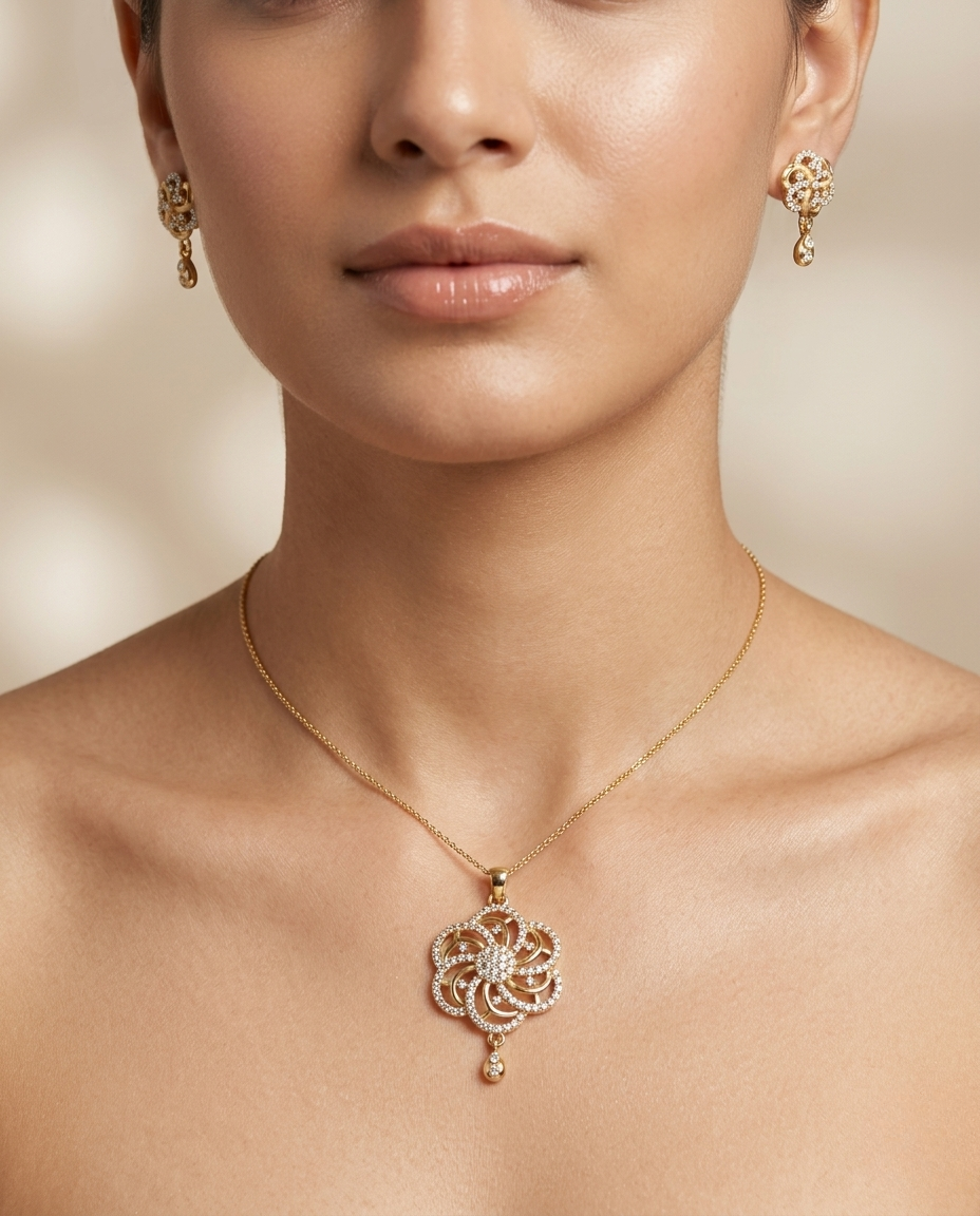 Micro Gold Platted Svarna Bloom Royale Pendant & Earrings Set