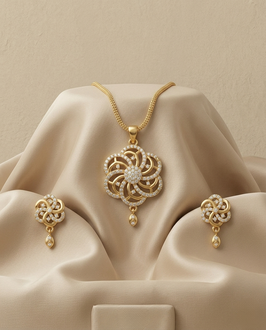Micro Gold Platted Svarna Bloom Royale Pendant & Earrings Set
