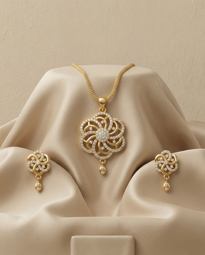 Micro Gold Platted Svarna Bloom Royale Pendant & Earrings Set