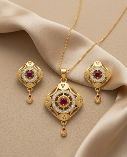 Micro Gold Platted Svarna Ratna Luxe Pendant & Earrings Set