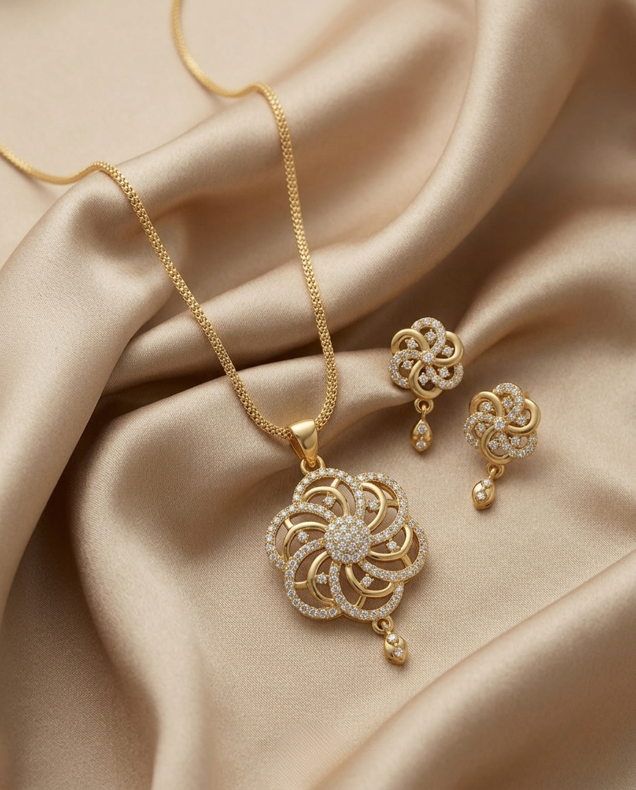 Micro Gold Platted Svarna Bloom Royale Pendant & Earrings Set