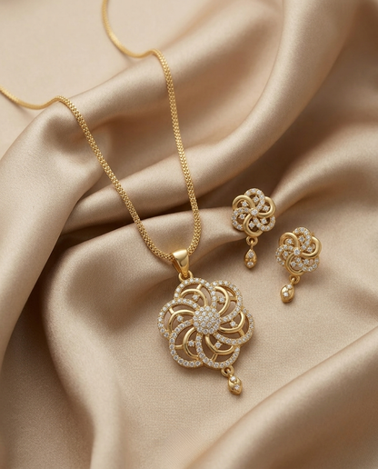 Micro Gold Platted Svarna Bloom Royale Pendant & Earrings Set