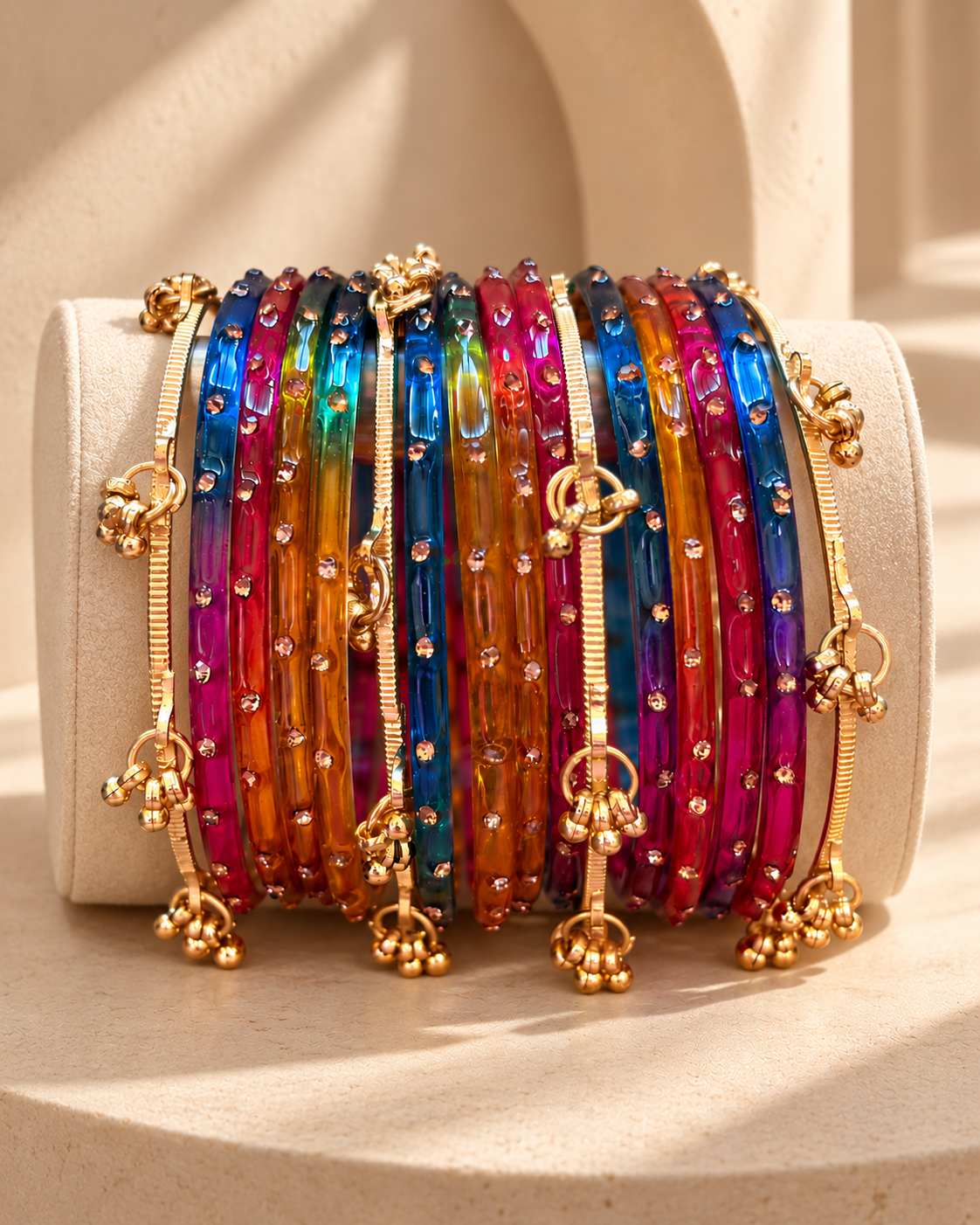 Rangoli Multicolour Glass Bangles - (12 Glass bangles & 6 Kashmiri Bangles)