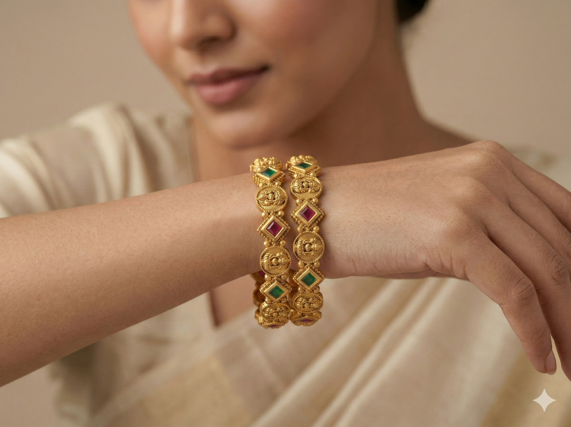 Gold bracelet with gemstones on a person's wrist against a neutral background