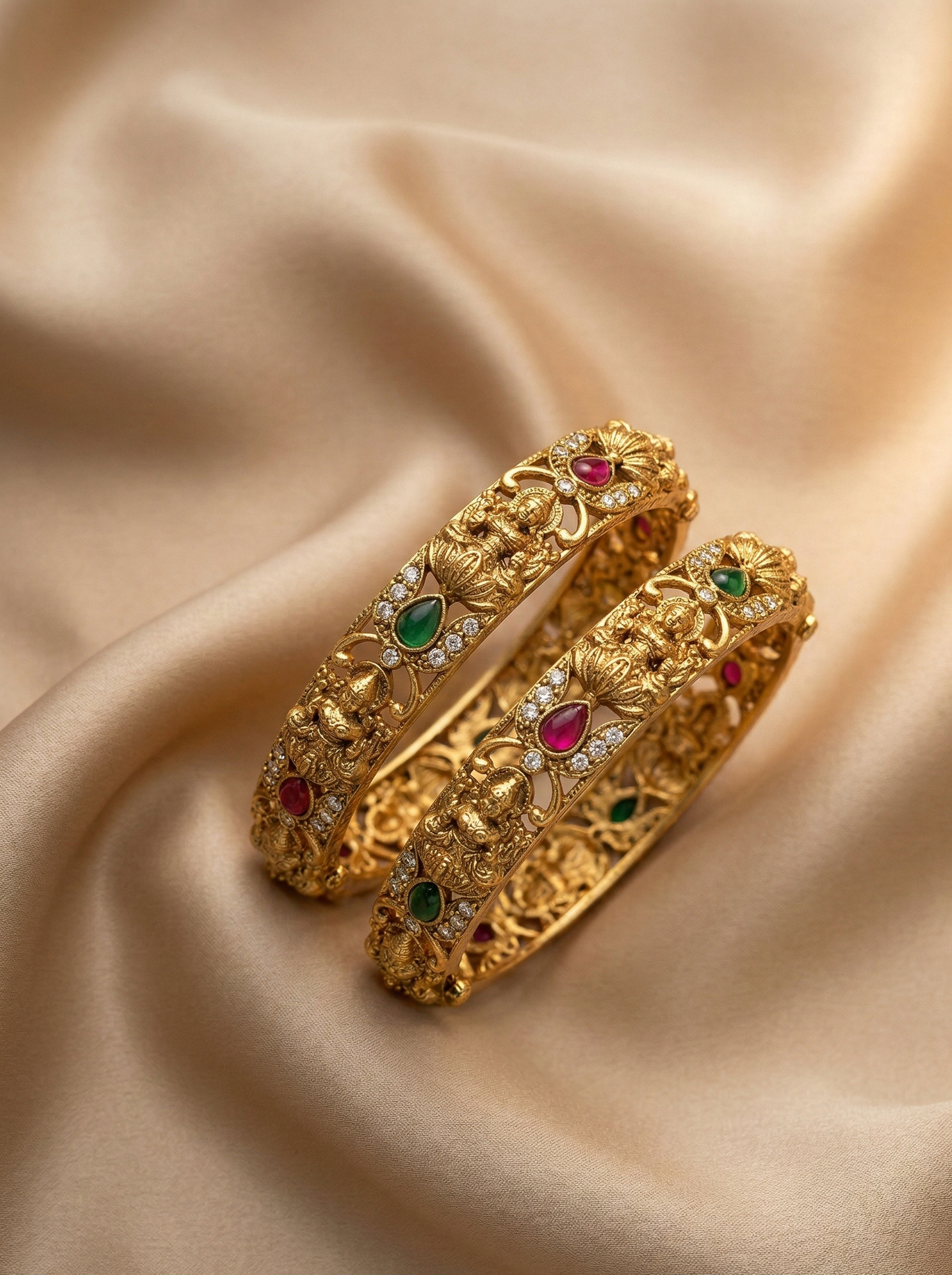 Ruby Emerald Temple Motif Gold Bangles