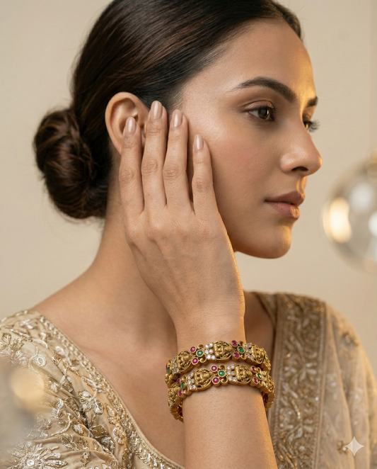 Antique Temple Design Gold Bangles with Ruby Emerald Detailing