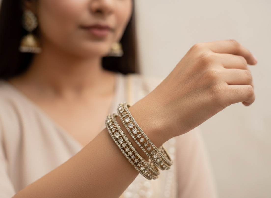 Woman wearing a bracelet with a neutral background